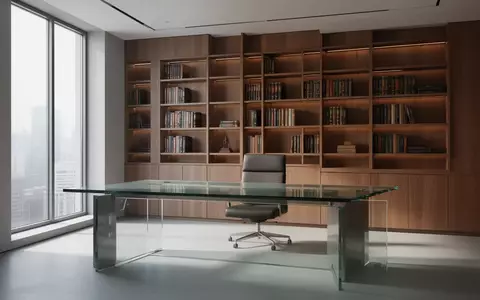Modernes, leeres Büro mit minimalistischem Schreibtisch und Bücherregalen in ruhiger, professioneller Atmosphäre. - Foto: über boerse-global.de