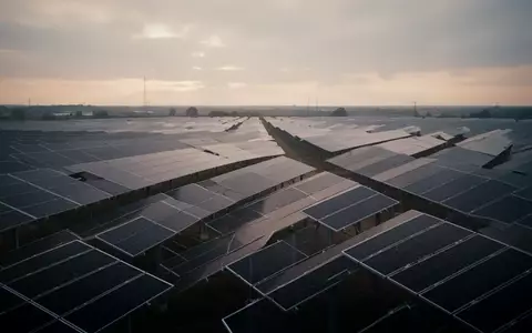 Reihen von Photovoltaik-Modulen in einem Solarpark bei bewölktem Himmel. - Foto: über boerse-global.de