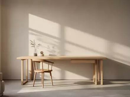 Ein minimalistisch eingerichteter, heller Raum mit einem Holztisch und sanftem Lichteinfall. - Foto: über boerse-global.de