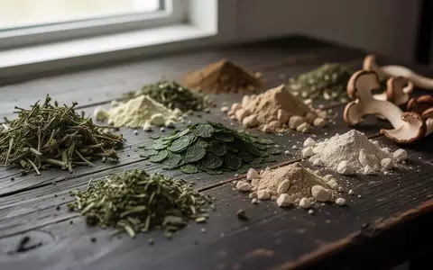 Nahaufnahme von verschiedenen getrockneten Kräutern und pflanzlichen Rohstoffen auf einem dunklen Holztisch. - Foto: über boerse-global.de