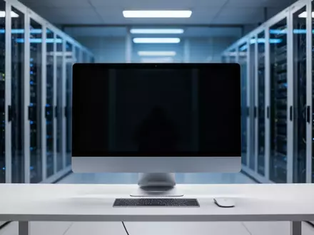 Ein minimalistischer Arbeitsplatz mit einem dunklen Monitor vor einem unscharfen, modern gestalteten Serverraum. - Foto: über boerse-global.de