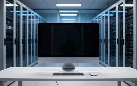 Ein minimalistischer Arbeitsplatz mit einem dunklen Monitor vor einem unscharfen, modern gestalteten Serverraum. - Foto: über boerse-global.de