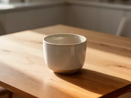 Eine leere Keramiktasse auf einem Holztisch im sanften Morgenlicht - Foto: über boerse-global.de