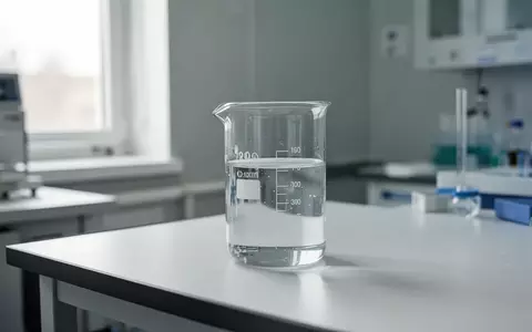 Ein klares Glasgefäß mit Flüssigkeit auf einem sterilen Labortisch in einem hellen, klinischen Umfeld. - Foto: über boerse-global.de
