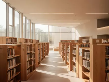 Lichte, freundliche Bibliothek mit Holzregalen und natürlichem Lichteinfall als Ort der Begegnung. - Foto: über boerse-global.de