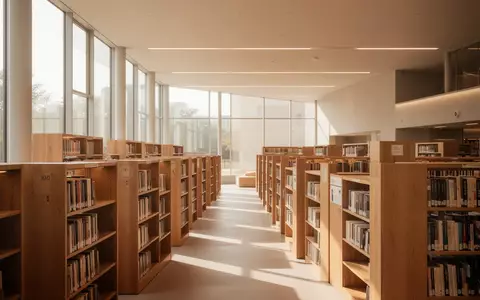 Lichte, freundliche Bibliothek mit Holzregalen und natürlichem Lichteinfall als Ort der Begegnung. - Foto: über boerse-global.de