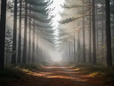 Ein ruhiger Waldweg im morgendlichen Nebel, der eine friedliche und sichere Umgebung symbolisiert. - Foto: über boerse-global.de