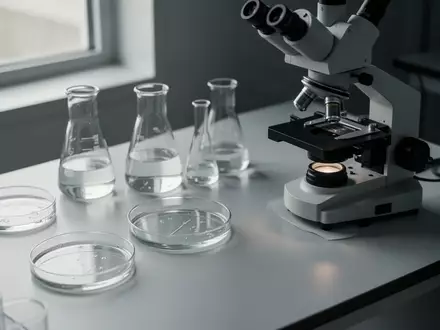 Ein steriler Labortisch mit Glasgefäßen und einem Mikroskop in einer medizinischen Forschungsumgebung. - Foto: über boerse-global.de