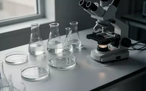 Ein steriler Labortisch mit Glasgefäßen und einem Mikroskop in einer medizinischen Forschungsumgebung. - Foto: über boerse-global.de