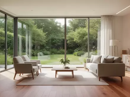 Ein helles, barrierefrei gestaltetes Wohnzimmer mit Blick in einen grünen Garten. - Foto: über boerse-global.de