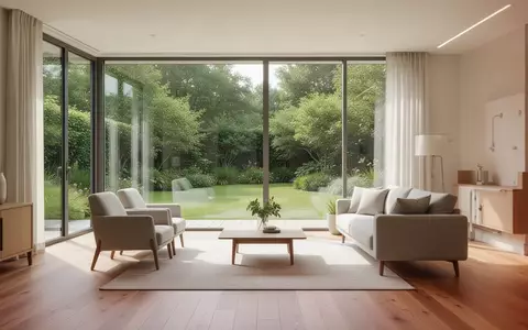 Ein helles, barrierefrei gestaltetes Wohnzimmer mit Blick in einen grünen Garten. - Foto: über boerse-global.de