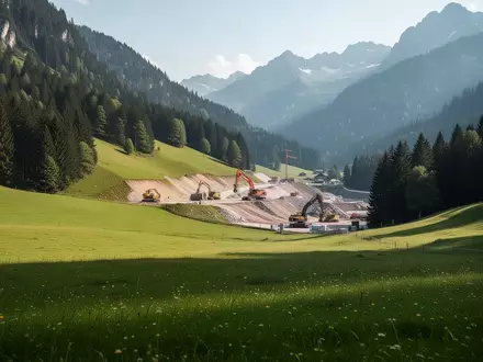 Eine Baustelle in einem österreichischen Gebirgstal nahe eines Waldrandes vor einer bergigen Landschaft. - Foto: über boerse-global.de