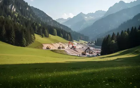 Eine Baustelle in einem österreichischen Gebirgstal nahe eines Waldrandes vor einer bergigen Landschaft. - Foto: über boerse-global.de
