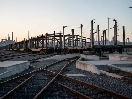Leere Autotransportwaggons auf einem Industriegleis bei Dämmerung in einem Logistikterminal. - Foto: über boerse-global.de