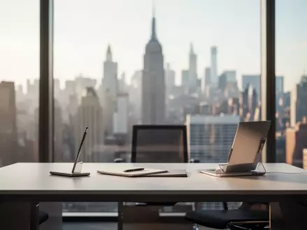 Modernes, minimalistisches Büro mit verschwommener Skyline im Hintergrund und natürlichem Tageslicht. - Foto: über boerse-global.de