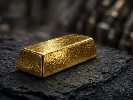 Ein einzelner Goldbarren auf einer dunklen Schieferplatte in einem Tresorraum. - Foto: über boerse-global.de