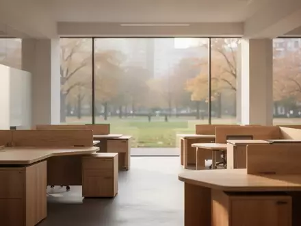 Ein minimalistisches, helles Büro mit leeren Arbeitsplätzen und Blick ins Grüne als Symbol für Arbeitsumgebungen. - Foto: über boerse-global.de
