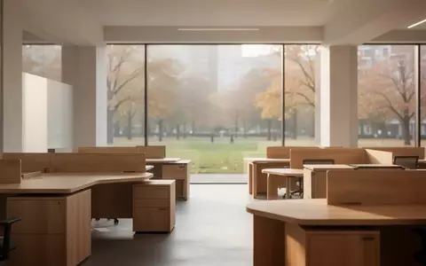 Ein minimalistisches, helles Büro mit leeren Arbeitsplätzen und Blick ins Grüne als Symbol für Arbeitsumgebungen. - Foto: über boerse-global.de