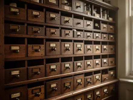 Eine traditionelle Apothekenwand aus dunklem Holz mit zahlreichen leeren Schubladen in natürlichem Licht. - Foto: über boerse-global.de