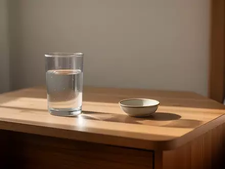 Ein minimalistischer Nachttisch mit einem Glas Wasser in einem sonnendurchfluteten, ruhigen Raum. - Foto: über boerse-global.de