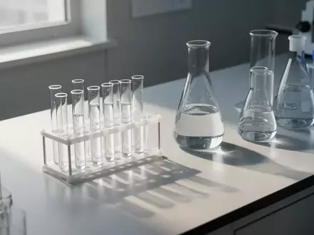 Laborumgebung mit Glas-Reagenzgläsern und wissenschaftlichen Geräten auf einem sauberen, minimalistischen Labortisch. - Foto: über boerse-global.de