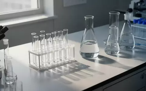 Laborumgebung mit Glas-Reagenzgläsern und wissenschaftlichen Geräten auf einem sauberen, minimalistischen Labortisch. - Foto: über boerse-global.de