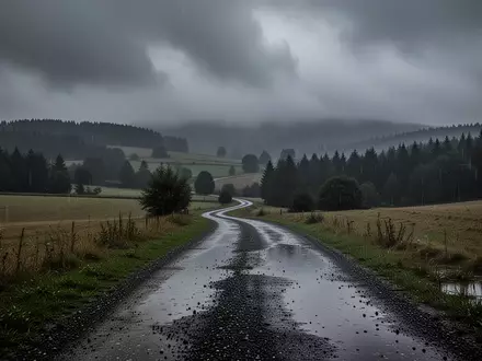 Eine regnerische, düstere Landschaft in Rheinland-Pfalz mit dunklen Wolken über bewaldeten Hügeln und einem nassen Feldweg. - Foto: über boerse-global.de