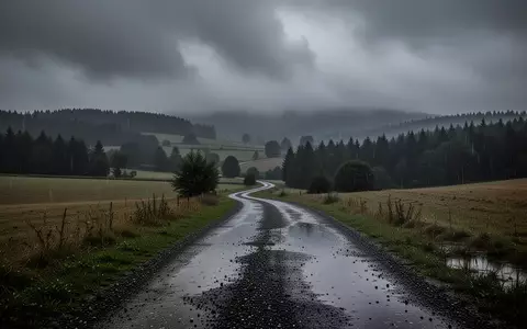 Eine regnerische, düstere Landschaft in Rheinland-Pfalz mit dunklen Wolken über bewaldeten Hügeln und einem nassen Feldweg. - Foto: über boerse-global.de