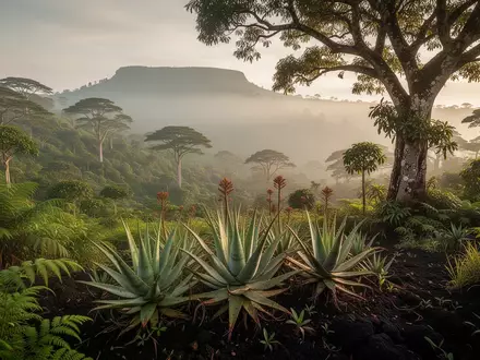 Üppige, neblige Berglandschaft am Mount Elgon in Kenia mit verschiedenen Heilpflanzen und dichtem Bewuchs in der Abendsonne. - Foto: über boerse-global.de