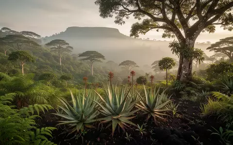 Üppige, neblige Berglandschaft am Mount Elgon in Kenia mit verschiedenen Heilpflanzen und dichtem Bewuchs in der Abendsonne. - Foto: über boerse-global.de