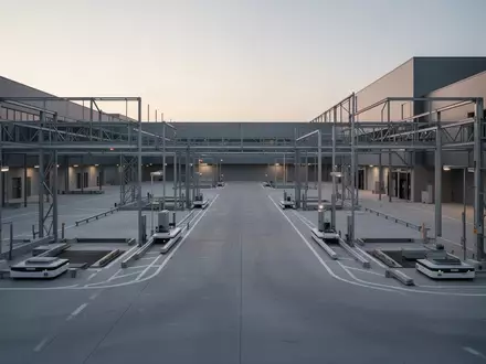 Ein moderner, minimalistischer Logistik-Umschlagplatz bei Dämmerung mit sauberem Betonboden und industrieller Infrastruktur. - Foto: über boerse-global.de