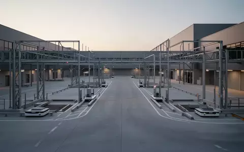 Ein moderner, minimalistischer Logistik-Umschlagplatz bei Dämmerung mit sauberem Betonboden und industrieller Infrastruktur. - Foto: über boerse-global.de
