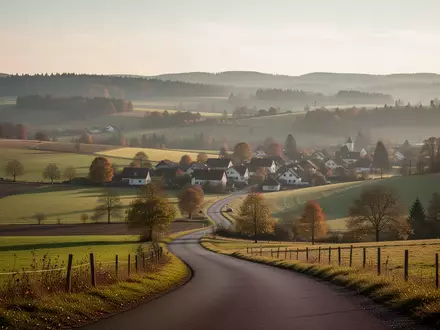 Eine weitläufige, sonnendurchflutete Landschaft in einer ländlichen Region Deutschlands mit sanften Hügeln und einem Feldweg. - Foto: über boerse-global.de