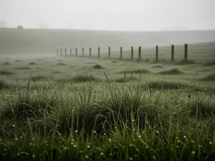 Eine weitläufige, grüne Weidelandschaft am frühen Morgen mit Morgentau auf dem Gras vor einem verschwommenen Holzzaun. - Foto: über boerse-global.de