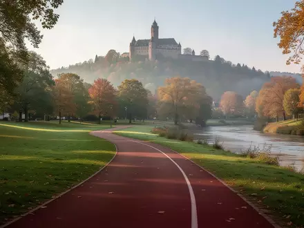 Eine idyllische Laufstrecke in einer Parkanlage bei Durlach mit dem Turmberg im Hintergrund an einem klaren Morgen. - Foto: über boerse-global.de