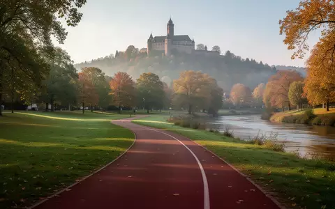 Eine idyllische Laufstrecke in einer Parkanlage bei Durlach mit dem Turmberg im Hintergrund an einem klaren Morgen. - Foto: über boerse-global.de