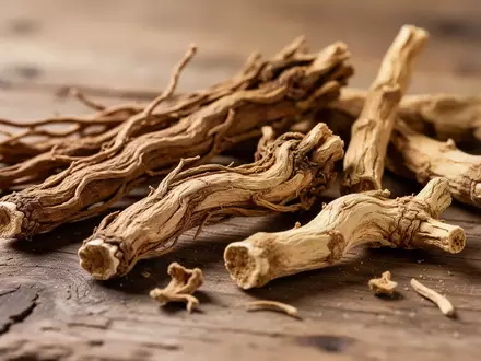 Getrocknete traditionelle chinesische Heilkräuter und Wurzeln auf einer rustikalen Holzoberfläche. - Foto: über boerse-global.de