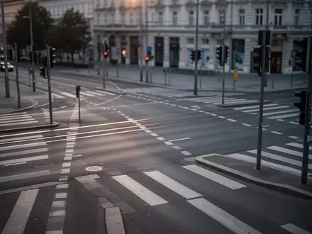 Eine leere Straßenkreuzung in Wien mit modernem Fußgängerüberweg bei Dämmerung. - Foto: über boerse-global.de