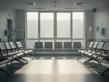 Ein leerer, steriler Wartebereich in einem modernen Krankenhaus mit minimalistischen Stühlen und einfallendem Tageslicht. - Foto: über boerse-global.de