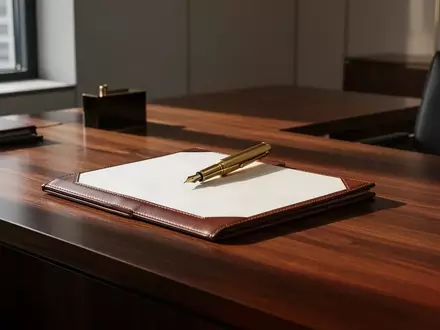 Ein minimalistischer Schreibtisch in einem modernen Büro mit einem leeren Notizbuch und einem Füllfederhalter. - Foto: über boerse-global.de
