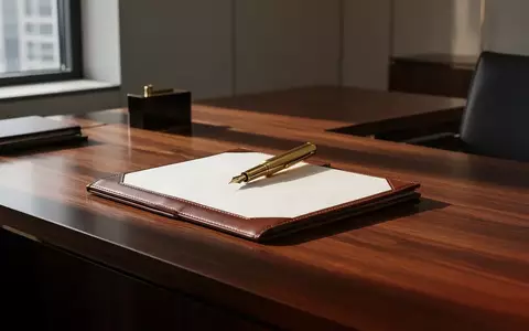 Ein minimalistischer Schreibtisch in einem modernen Büro mit einem leeren Notizbuch und einem Füllfederhalter. - Foto: über boerse-global.de