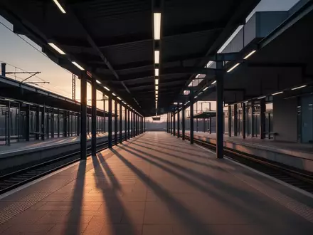 Ein leerer, moderner Bahnsteig mit klaren architektonischen Linien aus Stahl und Beton in der Abenddämmerung. - Foto: über boerse-global.de