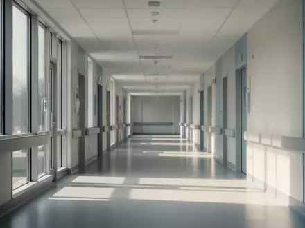 Ein leerer, modern gestalteter Krankenhausflur mit natĂĽrlichem Lichteinfall und klaren architektonischen Linien. - Foto: ĂĽber boerse-global.de