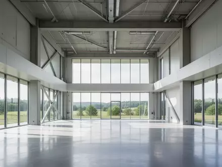 Ein minimalistischer, leerer Industriebau mit modernen Architekturformen und hellem Tageslicht, der für technologische Forschung steht. - Foto: über boerse-global.de