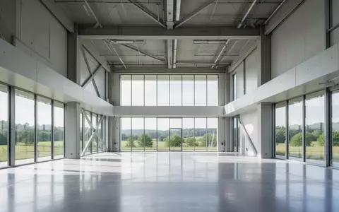 Ein minimalistischer, leerer Industriebau mit modernen Architekturformen und hellem Tageslicht, der für technologische Forschung steht. - Foto: über boerse-global.de