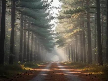 Ein leerer, friedlicher Waldweg im frühen Morgenlicht, der Ruhe und Ausgeglichenheit symbolisiert. - Foto: über boerse-global.de
