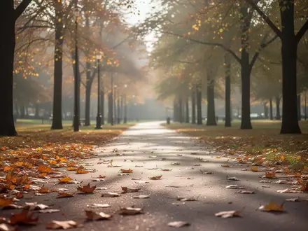 Ein sonnendurchfluteter Spazierweg in einem Park mit herbstlichem Laub am Boden. - Foto: über boerse-global.de