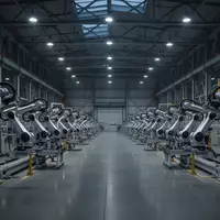 Eine leere, weitläufige Fabrikhalle einer Automobilproduktion mit Industrierobotern und stählernen Strukturen bei Dämmerlicht. - Foto: über boerse-global.de