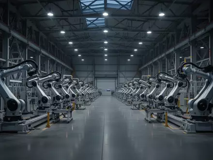 Eine leere, weitläufige Fabrikhalle einer Automobilproduktion mit Industrierobotern und stählernen Strukturen bei Dämmerlicht. - Foto: über boerse-global.de