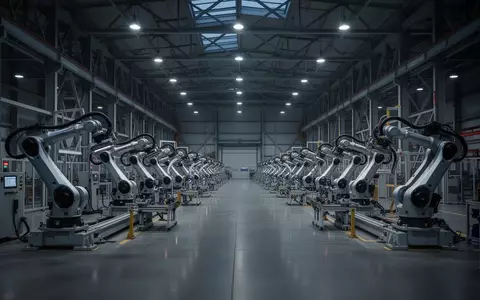 Eine leere, weitläufige Fabrikhalle einer Automobilproduktion mit Industrierobotern und stählernen Strukturen bei Dämmerlicht. - Foto: über boerse-global.de